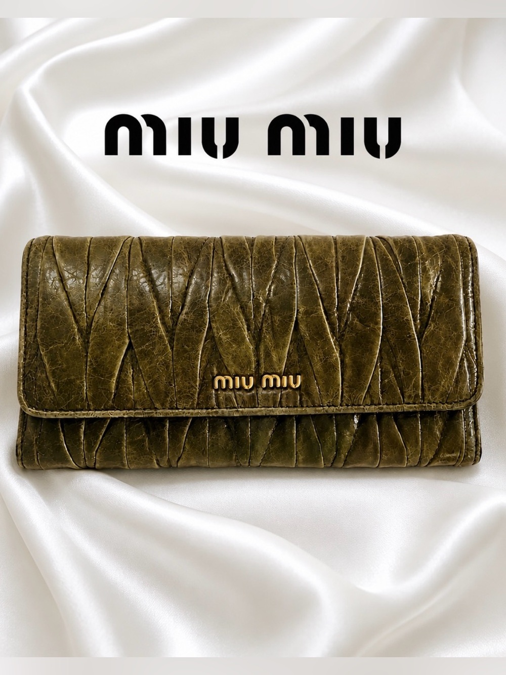 Miu Miu Matalease Leather Wallet in Olive Green / Brown Tones
